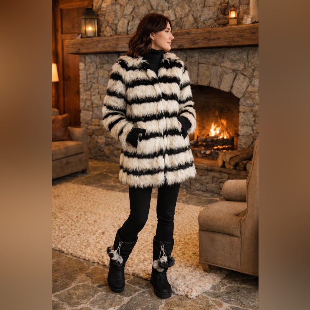 BOHO CHIC Black and White Faux Fur Coat Size LRG Brand New!!